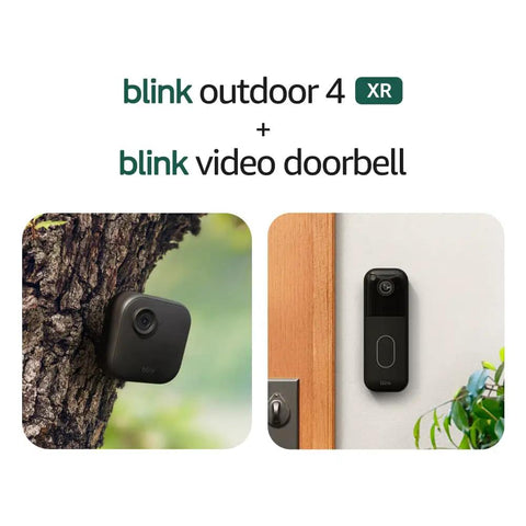 Hassle Free Wireless Smart Video Doorbell And Four Rugged Outdoor Security Cameras With Two Year Battery Life mounted on tree and wall.