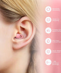 Ultra Soft Reusable Earplugs For Sleep Flights And Noise Sensitivity 16 Tip Set In XS S M L With Two Travel Boxes Delivers Up To 33dB Noise Reduction And A Comfy Fit Pink in ear with features text