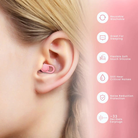 Ultra Soft Reusable Earplugs For Sleep Flights And Noise Sensitivity 16 Tip Set In XS S M L With Two Travel Boxes Delivers Up To 33dB Noise Reduction And A Comfy Fit Pink in ear with features text