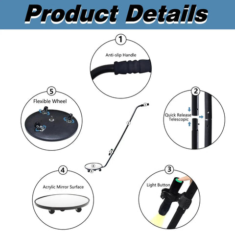 Product details of 12 Inch LED Lighted Rolling Inspection Mirror With Wheels Handy Under Vehicle Mirror for security checks
