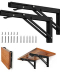 10 Inch Folding Shelf Brackets Pack of 2 Heavy Duty Metal Collapsible Brackets For Wall Mounted Use, black, with screws