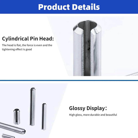 Heavy Duty 280Pcs Stainless Steel Roll Pin Set With Slotted Pins Assortment Kit M1.5 To M8 showing pin head details.