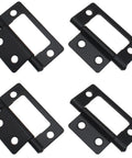 Set Of Four Heavy Duty Black Folding Hinges Featuring Darn Easy Non Mortise Installation For Small Wooden Chests And Cabinet Doors With Hella Sturdy Iron Build And Complete Screw Kit For Snappy Ready Install displayed from an overhead view.