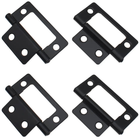 Set Of Four Heavy Duty Black Folding Hinges Featuring Darn Easy Non Mortise Installation For Small Wooden Chests And Cabinet Doors With Hella Sturdy Iron Build And Complete Screw Kit For Snappy Ready Install displayed from an overhead view.