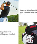 Golfer wearing Premium Leather Golf Pouch With Drawstring Closure For Balls And Tees attached to belt on course