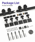 Bifold Barn Door Hardware Kit For 76 Inch Closet Doors, 80 Inch Track System, J Shape Top Mount Rollers, screws, hinges visible
