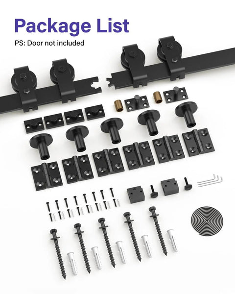 Bifold Barn Door Hardware Kit For 76 Inch Closet Doors, 80 Inch Track System, J Shape Top Mount Rollers, screws, hinges visible