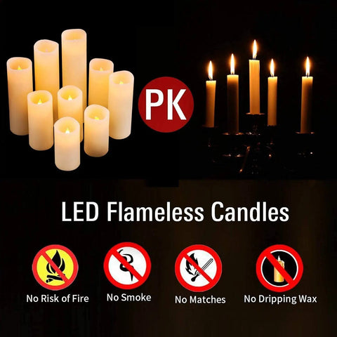 Set Of Nine Ivory Real Wax Flameless Pillar Candles Battery Operated 4 Inch Through 9 Inch Heights With 10 Key Remote And 24 Hour Cycling Timer for safe use shown with no-risk icons.