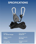 One Eighth Inch Rope Tie Down Ratchet Set Four Pack Adjustable Grow Light Hangers with braided rope and metal ratchet.