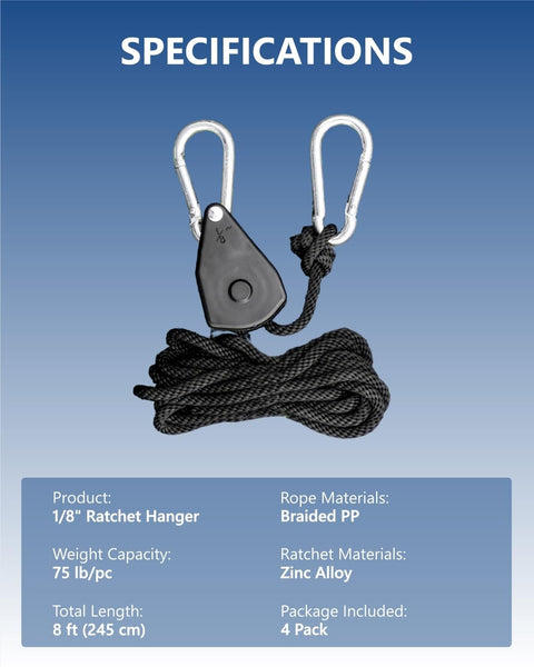 One Eighth Inch Rope Tie Down Ratchet Set Four Pack Adjustable Grow Light Hangers with braided rope and metal ratchet.