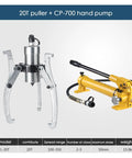 Professional Split Hydraulic Bearing Puller Kit With Two Claw And Three Claw Options 5 Ton Force shown with 20T puller and CP-700 hand pump.