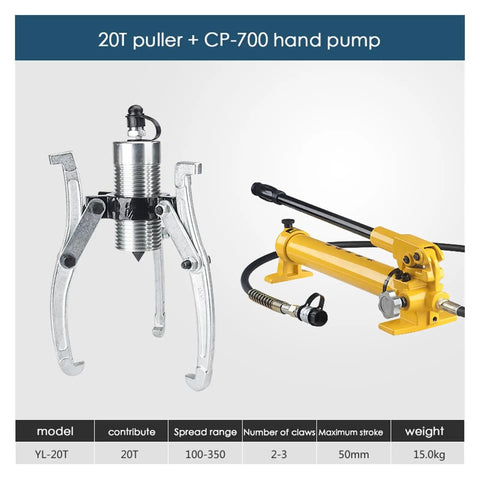 Professional Split Hydraulic Bearing Puller Kit With Two Claw And Three Claw Options 5 Ton Force shown with 20T puller and CP-700 hand pump.