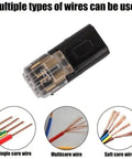 Double Wire Plug In Connector With Locking Buckle No Tools Needed Quick Clip Fasteners For Strip Lights DIY Projects And Model Kits Multi Purpose Snap On Blocks 2 Pin Low Voltage Decor connector, suitable for various wire types, displayed with single, multicore, and soft core wire compatibility.