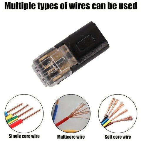 Double Wire Plug In Connector With Locking Buckle No Tools Needed Quick Clip Fasteners For Strip Lights DIY Projects And Model Kits Multi Purpose Snap On Blocks 2 Pin Low Voltage Decor connector, suitable for various wire types, displayed with single, multicore, and soft core wire compatibility.