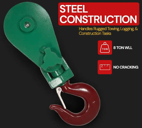Heavy Duty Snatch Block With Hook For Rollback Recovery 8 Ton Working Load Limit 6 Inch Sheave Pulley with steel construction
