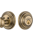 Classic Rosette Single Cylinder Deadbolt In Antique Brass Solid Brass Construction Heavy Duty Security Keyed Alike Setup visible from side