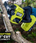 Knock Out Overgrown Branches Like A Pro 18V Brushless Cordless Pruner cutting through a 1-inch branch in a garden.