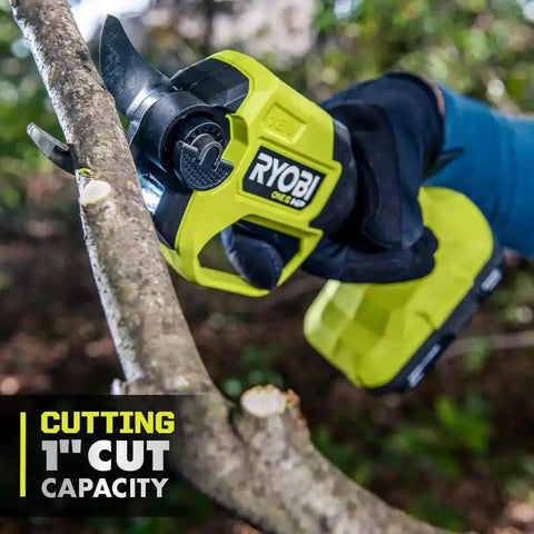 Knock Out Overgrown Branches Like A Pro 18V Brushless Cordless Pruner cutting through a 1-inch branch in a garden.