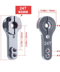 Metal 24T Aluminum Servo Horns Kit, M3 Threads, 5-Pack for Hitec RC Servos showing dimensions and anodized finish.
