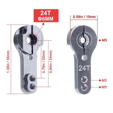 Metal 24T Aluminum Servo Horns Kit, M3 Threads, 5-Pack for Hitec RC Servos showing dimensions and anodized finish.