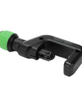 Black adjusting knob on precision manual pipe cutter with six roller bearings for 6 to 50mm pipes, aluminum alloy body, green grip.