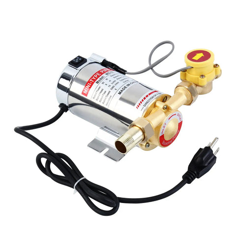 Boss Level Home Water Pressure Booster Pump 110V 90W 243GPH 15 PSI with brass head and auto flow switch on white background