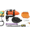 Tough As Nails 1300W Electric Chain Hoist Featuring Pure Copper Motor with control, chain, and accessories for lifting use.