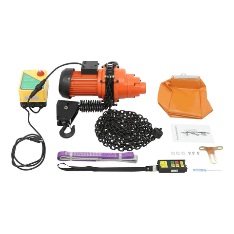 Tough As Nails 1300W Electric Chain Hoist Featuring Pure Copper Motor with control, chain, and accessories for lifting use.