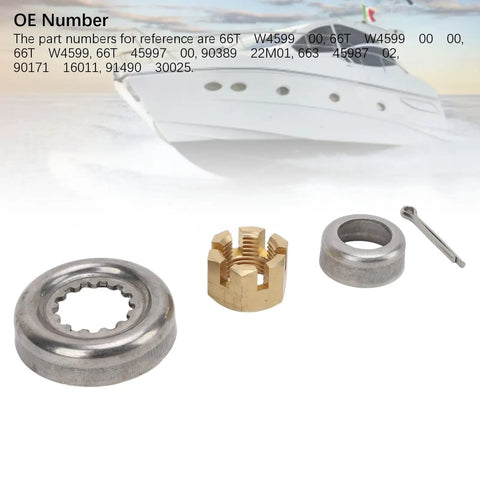 Heavy Duty Marine Prop Nut Kit Built Tough For Yamaha Outboard Engines 30HP To 60HP 66T W4599 00 Metal Oxidation Proof Hardware Nut And Washer Set Installation Kit Durable Oxidation Resistant Construction showing metal nut and washers with motorboat in background.