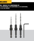 DeWalt countersink drill bit set, 3-piece (#6, #8, #10) with 1/4 in hex wrench, front view.