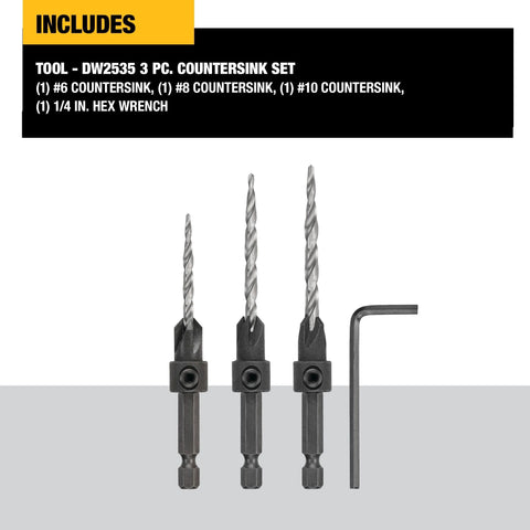 DeWalt countersink drill bit set, 3-piece (#6, #8, #10) with 1/4 in hex wrench, front view.