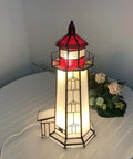 Peggy's Cove Lighthouse Tiffany Style Stained Glass Accent Table Lamp Night Light for Home Decor 6 By 6 By 12 Inches Red With LED Bulbs Included Warm White Glow