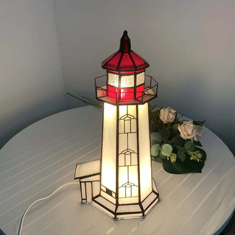 Peggy's Cove Lighthouse Tiffany Style Stained Glass Accent Table Lamp Night Light for Home Decor 6 By 6 By 12 Inches Red With LED Bulbs Included Warm White Glow