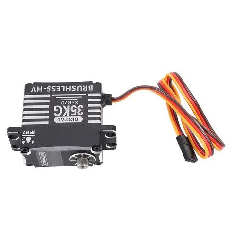 Hella Smooth 35Kg Aluminum Alloy RC Servo Featuring Kickass Metal Gears, top view with wires, for rock crawling and trail running.