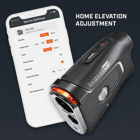 Golf Rangefinder With Wind Speed And Slope Compensation Link X3 Plus next to smartphone showing device settings