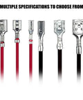 Thirty Piece Pack Female Speaker Wire Connectors With Pre Wired 18 Awg Red And Black Cables Nylon Sleeve Spade Terminals, showcase of different connector sizes.