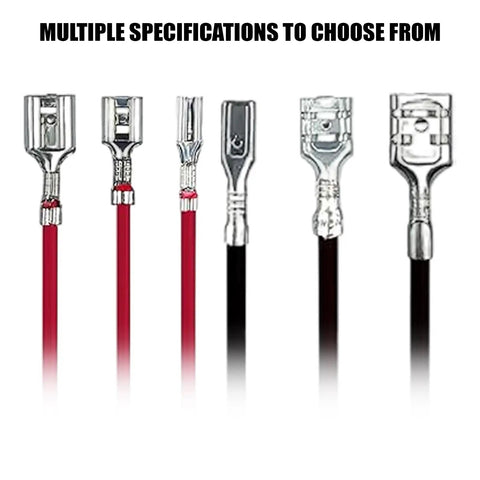 Thirty Piece Pack Female Speaker Wire Connectors With Pre Wired 18 Awg Red And Black Cables Nylon Sleeve Spade Terminals, showcase of different connector sizes.