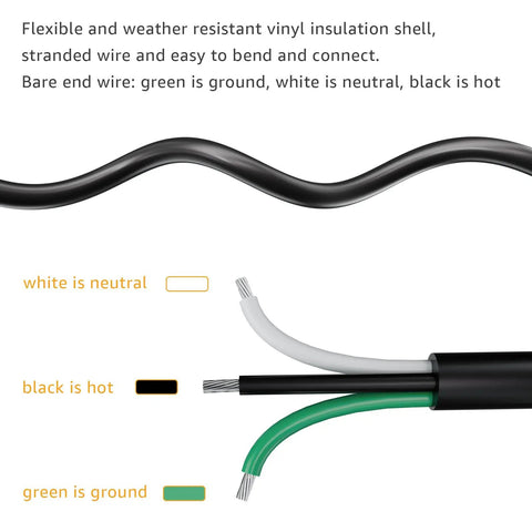 Close-up of 9.8ft 12 Gauge Heavy Duty Replacement Power Cord For Tools And Home Gear 3 Prong 12 AWG 3 Conductor Black Pigtail Cable