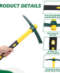 Close-up of Six Piece 15 Inch Heavy Duty Forged Garden Pick Mattock Hoe with non-slip rubber handle for weeding and cultivating.