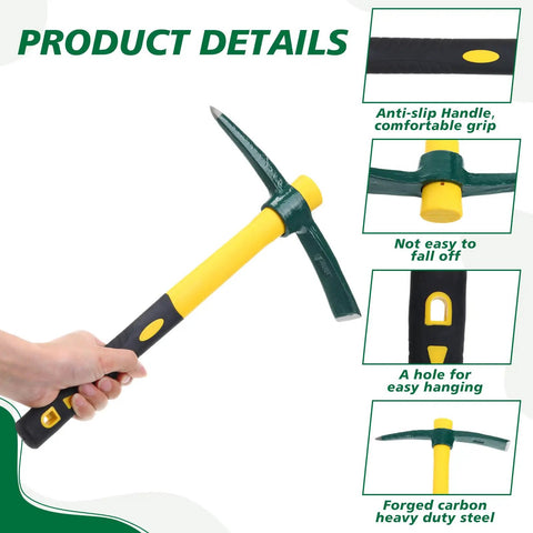 Close-up of Six Piece 15 Inch Heavy Duty Forged Garden Pick Mattock Hoe with non-slip rubber handle for weeding and cultivating.