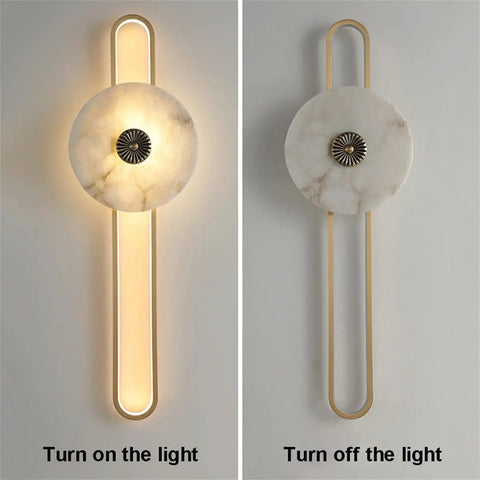 Marble Wall Mount Light With Copper Finish Wabi Sabi Natural Stone Sconce with LED, on and off view, Spanish Chinese style.