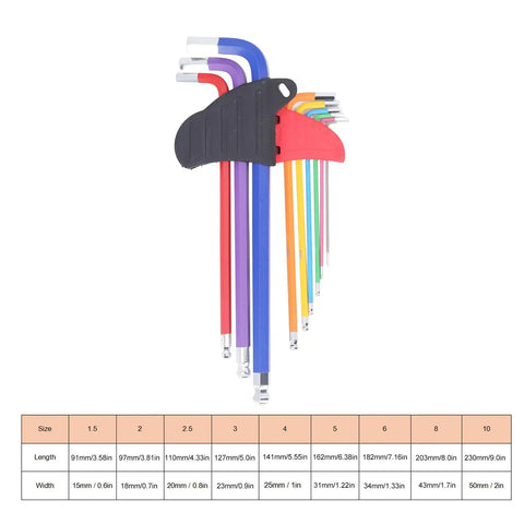 Solid Multi Color Hex Wrench Set With Long Arms For Tight Spots, CR V Steel Heavy Duty 9 Piece Key Kit Perfect For DIY Repairs And Garage Projects. Color-coded hex keys in holder, sizes 1.5-10mm