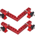 Dead Nuts On 90 Degree Woodworking Corner Clamping Jig Features Heavy Duty Right Angle Alignment Dual Metric And Imperial Scales Built Tough From Aluminum For Knockout Box And Frame Shop Projects, red aluminum jigs with clamping screws.