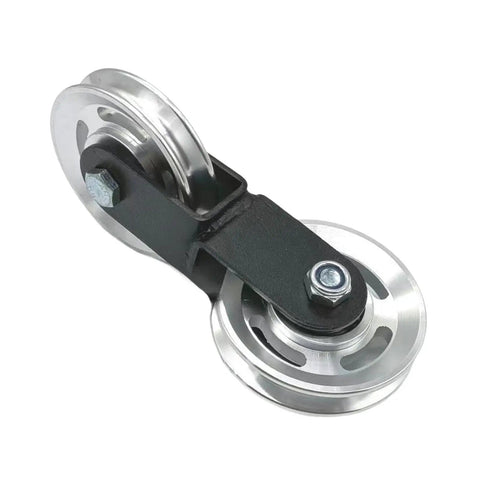 Double Pulley Wheel For Home Gym Attachment Cross Pulley 88mm Metal Roller With Silent Bearings Easy Fit DIY Cable Machine Upgrade Durable Groove Wheel For Strength Training And Cable System, silver dual-wheel close-up