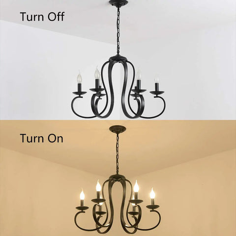 Six Light Black Candle Style Chandelier For Farmhouse And Dining Room Vintage French Country Metal Pendant Light With Adjustable 25.5 Inch Chain Ideal For Kitchen Island And Foyer Dimmable E12 Bulbs Not Included, Off and On