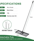 72-Inch Lawn Leveling Rake With Stainless Steel Handle, Heavy Duty Yard Leveler Tool for landscapes, showing specs