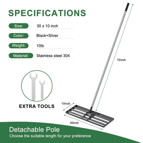 72-Inch Lawn Leveling Rake With Stainless Steel Handle, Heavy Duty Yard Leveler Tool for landscapes, showing specs