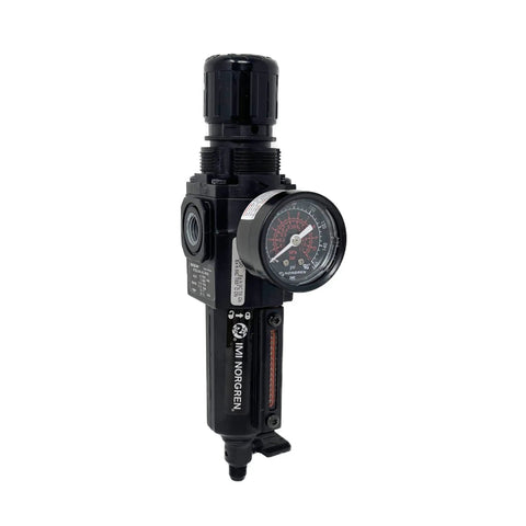 Rock Solid Combo Filter Regulator With One Quarter Inch Npt Connection And Knurled Dial For Sweet Pressure Control Featuring No Fuss Manual Quarter Turn Drain And Built Tough Short Metal Bowl That Keeps Compressed Air Crisp