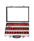 Top Notch 35 Piece Red Carbide Router Bit Set With 12 Mm Shank Wood End Mills For Clean Surface Milling Trimming And Serious Wood Carving Work That Gets The Job Done Right Every Time in an open metal case.