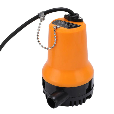 Heavy Duty Portable Submersible Utility Pump 1110 GPH, orange body, black base, designed for boat and yard water drainage.